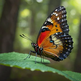 Close-up of a California butterfly perched on a green leaf with a blurred forest background