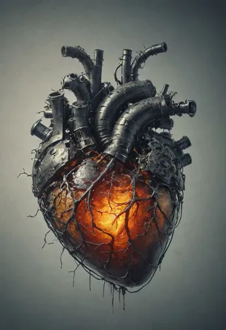 A dark mechanical heart with glowing orange veins and bleeding oil, featuring metal pipes and intricate details under low-key chiaroscuro lighting.