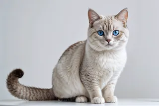 British Shorthair cat with white fur, brown ears and tail, and striking light blue eyes sitting on a white table against a simple light gray background.