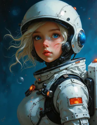 Half body portrait of a heroic young female space pilot with blonde hair and intense blue eyes, wearing a highly detailed white futuristic spacesuit and helmet against a starry space background.