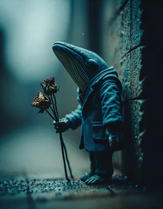 Close-up macro image of a miniature blue whale figure in a dark formal suit, standing against a textured stone wall, holding dried roses with a blurred Victorian gas lantern glowing faintly in the background under turquoise lighting.