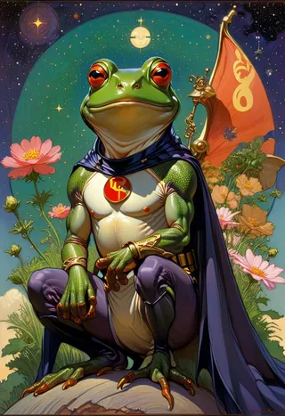 Coqui frog dressed in a Batman uniform, crouching on a stone with a cosmos-themed background, surrounded by pink flowers and holding a regal pose.