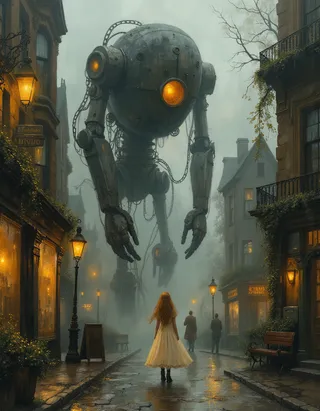 A hyper-realistic oil painting of a Victorian girl in a ruffled cream dress standing on a foggy London street, gazing at a towering brass-and-steel clockwork robot with glowing orange eyes amid gas lamps and wet cobblestones.