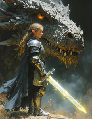 A petite teen elf warrior in gleaming silver armor stands proudly with a glowing sword in front of a colossal severed dragon's head, painted in a detailed digital fantasy style.