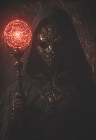 A cloaked cyborg figure wearing an intricately detailed metallic mask holds a glowing red orb staff in a dark, mysterious environment with subtle neon and gothic elements.