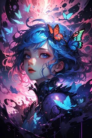 Close-up portrait of a female character with glowing blue hair adorned with vibrant butterflies, surrounded by ethereal aqua and pink glowing effects.