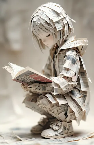 Papier-mâché sculpture of a girl with short white hair, dressed in a newspaper collage hooded coat and boots, crouching and reading a book with soft and diffused lighting.