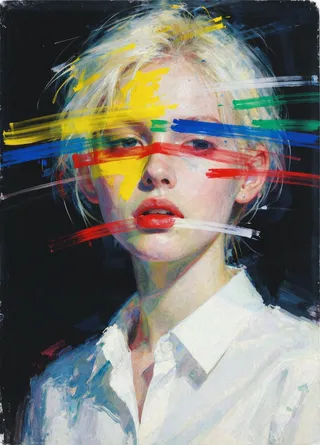 A young woman with platinum blonde hair and pale skin wearing a white shirt, her face partially obscured by colorful horizontal brushstrokes in yellow, blue, red, green, and white on a dark background.