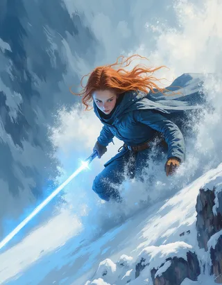 Young female Jedi Knight with flowing red hair skiing down a snowy mountainside, wielding a glowing blue lightsaber, dressed in a dark cloak with snow spraying around.