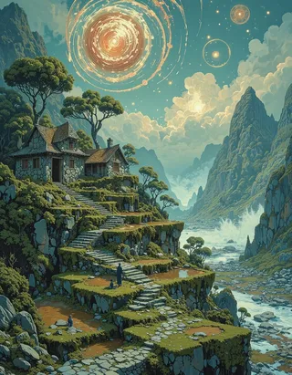 Surreal fantasy digital painting of a moss-covered stone cottage perched on terraced rice paddies in a mountain valley under an ethereal sky with glowing celestial rings.