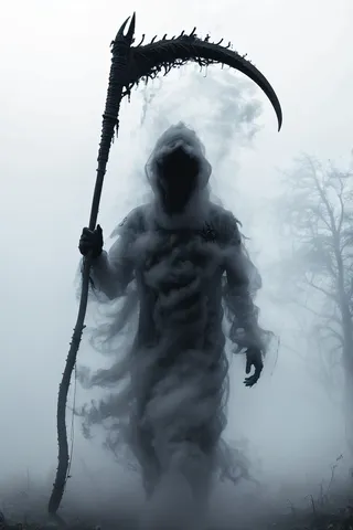 Dark gothic Grim Reaper figure engulfed in black fog and smoke, holding a large, curved scythe with a misty forest in the background.