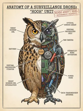 An anatomical chart of the 'Hooh' unit, a surveillance drone resembling a great horned owl, showing a detailed cross-section of natural feathers on one side and intricate robotic machinery, wires, sensors, and circuits on the other.