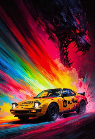 A yellow 70s sports car drifting and pulling a tail of colorful powder with godrays shining through vibrant colors, and a looming shadowy saber-toothed tiger figure in the background.