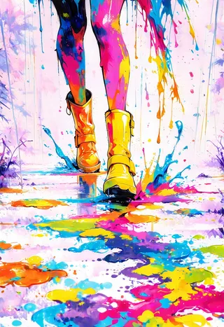 Woman's legs in yellow rain boots stepping into a colorful puddle with vibrant ink splashes and paint spills