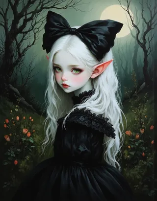Close-up portrait of a pale elf princess with long platinum hair adorned by a large black bow, wearing a black gothic dress, standing in a moonlit enchanted forest with bioluminescent flowers and twisted trees.
