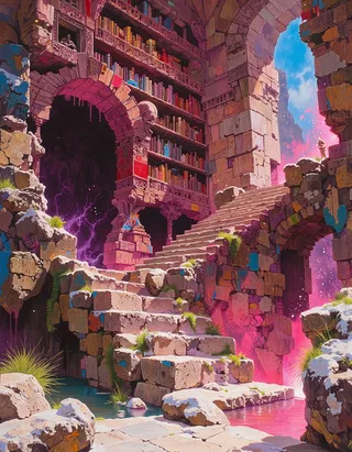 A fantasy digital painting of an ancient ruined stone library with colorful magical light and stone stairs leading up between vibrant ruins.