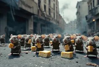 An army of mice dressed in tiny coats holding pieces of cheese, gathered on a cracked post-apocalyptic street with ruined buildings and smoke in the background, captured with dynamic lighting and film grain effect.
