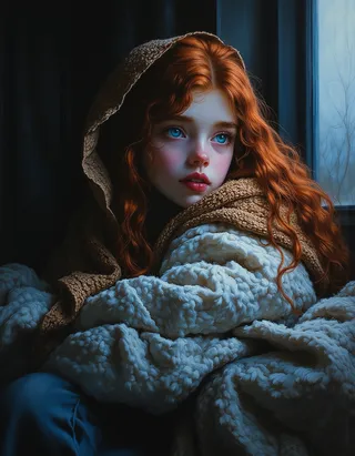 Hyper-realistic oil painting of a pale tween girl vampire with red hair and glowing blue eyes, wrapped in warm, textured blankets, sitting by a frosted window.