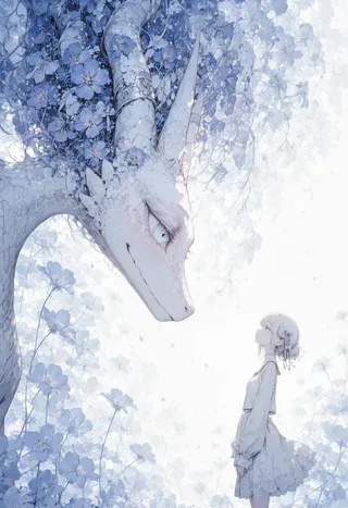 A detailed artistic scene of a serene dragon with violet flowers and a girl in a white dress looking at each other in a calm, floral setting