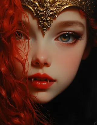 Half-body portrait of a young teen girl with pale skin, fiery red hair, sharp fangs, glowing blue eyes, and wearing an ornate ancient Greek bronze breastplate, painted in a hyper-realistic oil painting style reminiscent of Rembrandt.