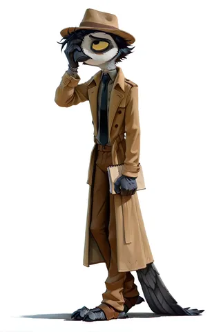 Anthropomorphic male furry owl wearing a brown trench coat and fedora hat, standing in side view, holding a notepad and facepalming, detailed and colorful.