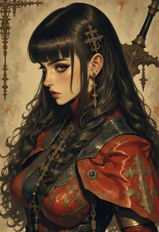 Portrait of a female warrior with long dark hair, wearing ornate red armor adorned with gold cross motifs and matching cross earrings, showing a calm, intense gaze.
