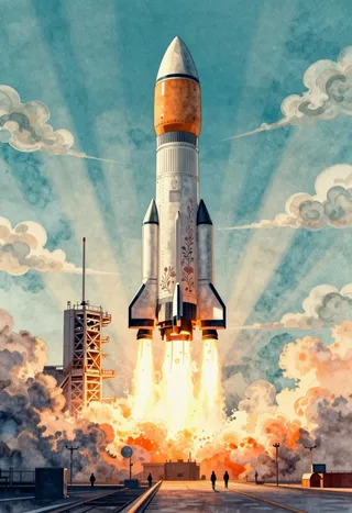 A monumental retro-futurist Saturn-era rocket launching at dawn with billowing flames and smoke, sunburst rays cutting through haze, and silhouetted spectators below.