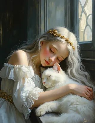 A delicate young princess with luminous white skin and long white hair, wearing a golden crown, peacefully sleeping while hugging a white cat inside a grand palace chamber with stained glass windows and soft sunlight.