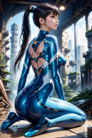 Photorealistic depiction of a woman with black hair in a long ponytail, wearing a shiny blue futuristic bodysuit, kneeling indoors in a ruined building with tall structures visible through the broken walls.