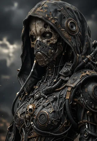 Extreme close-up portrait of a hooded cyborg warrior with a skull-like face wearing a mechanical breathing mask and dark futuristic armor with ornate mechanical details under moody, stormy lighting.
