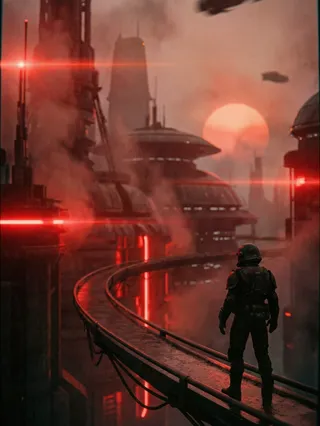 A cinematic shot of a futuristic urban canyon with towering spires and domes, featuring a heavily armored figure standing on a curved suspended rail, bathed in a crushing red color grade with lens flares and fog.