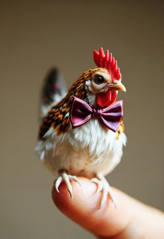 Close-up of a tiny rooster with detailed brown and white feathers, wearing a deep red and gold striped bowtie, perched on a human finger against a warm blurred background.