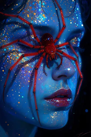 A surreal close-up of a human face illuminated by deep blue UV light, covered with shimmering gold and blue glitter, featuring a vibrant red spider crawling across the closed eyes.