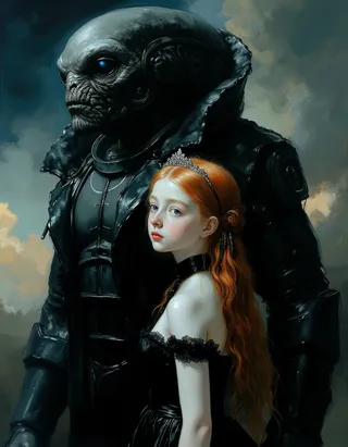 Hyper-realistic oil painting of a pale tween princess with flowing red hair and blue eyes wearing a futuristic black dress, standing in front of a protective dark-skinned alien with glowing blue eyes, set inside a spaceship with nebula outside.
