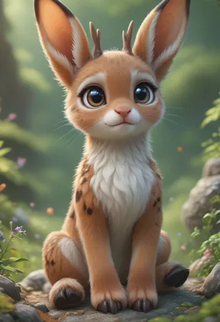 A realistic small rabbit deer hybrid with large expressive eyes and tiny antlers sitting on a rocky path in a lush forest with vivid colors.