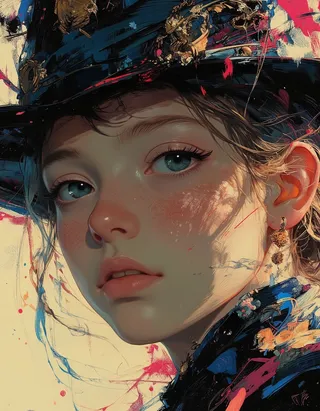 A highly detailed anime-style digital painting of a young woman wearing an ornate hat with holographic prism colors, showcasing ethereal fantasy elements and Renaissance style influences.
