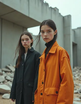 Two teen models stand confidently in a futuristic concrete ruin setting, one wearing an orange coat and the other a black coat under overcast daylight with natural skin textures.