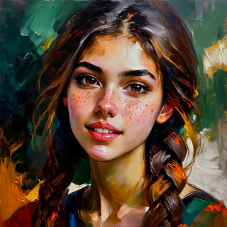 Oil painting of a young woman with braided brown hair, chestnut eyes, freckles, and a slight smile, featuring textured brushstrokes and an abstract background.