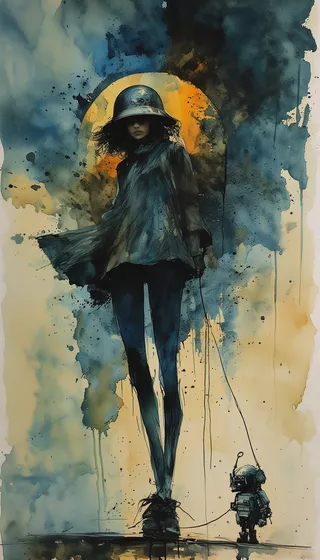Watercolor painting of a long-legged girl sitting on an oversized military helmet holding a leash attached to a small chunky robot, with gritty brushstrokes and muted colors.