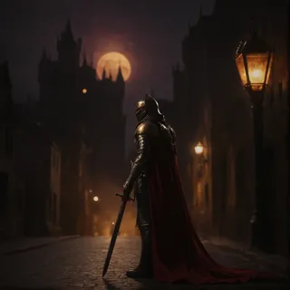 Dragon knight in black armor with purple cloak stands in a deserted medieval town street at night, holding a sword under a large moon.