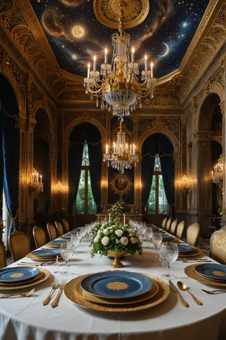 A luxurious dining table in a grand palace with ornate gold chandeliers, deep blue celestial-themed dinner plates, elegant gold cutlery, and a centerpiece of white flowers.