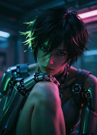 A cyberpunk woman with short, spiky black hair illuminated by neon green and pink lights, wearing futuristic metallic armor and a robotic arm, sitting in a contemplative pose in a dark urban environment.