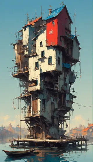 Fantastical towering waterfront dwelling with patchwork architecture featuring vibrant red sections and blue roofs, perched on wooden pier above calm reflective water.