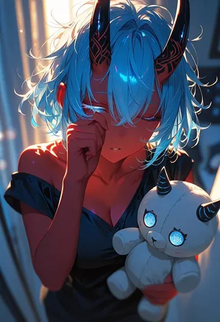 Aka-Oni girl with red skin, blue hair, and black horns holding a stuffed toy with matching horns, eyes closed and rubbing her eye.