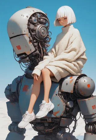 A young girl with pale skin and white bob hairstyle, wearing an oversized beige sweater and white sneakers, sitting on the shoulder of a large, industrial, slightly worn humanoid robot under a clear blue sky.