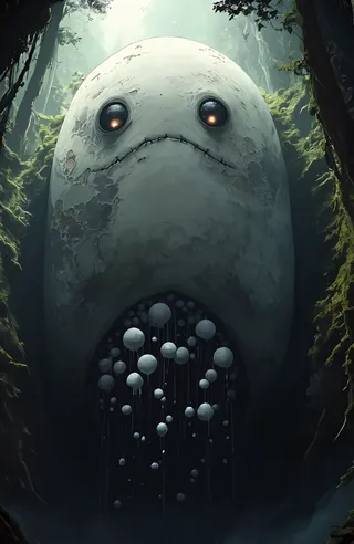 A massive pale bulbous creature with glowing orange eyes and a stitched mouth stands in a misty forest, its dark maw revealing hanging white spheres.