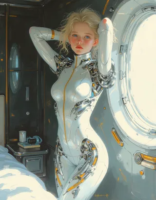 Hyper-realistic digital painting of a teen elf android girl in a sleek, intricate, futuristic suit stretching in a well-lit spaceship bedroom.