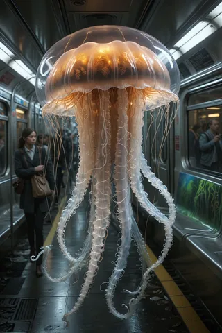 A hyper-realistic humanoid jellyfish with translucent skin and glowing tendrils floating inside a crowded metropolitan subway car during rush hour.