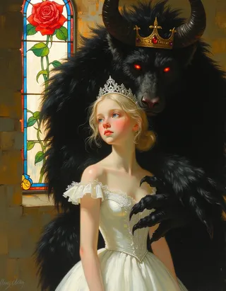 A delicate princess with platinum blond hair and a silver crown stands in front of a towering black beast with glowing red eyes and a golden crown inside a castle with a stained glass rose window.