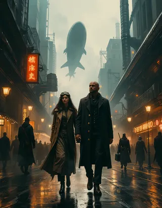 A duchess and duke walk side by side down a wet, foggy dieselpunk city street with industrial buildings and airships overhead, illuminated by warm streetlamps and neon signs.